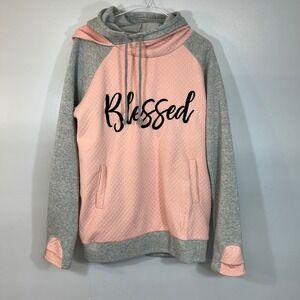 Love in Faith Blessed Quilted double hoodie Pink Thumbhole Pullover Largele